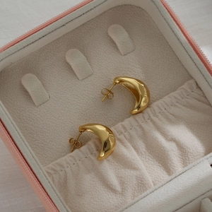 Chic golden stainless steel crescent stud earrings in a pink jewelry gift box