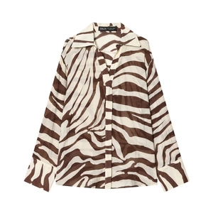 Ensemble chemise et pantalon pour femme avec imprimé zèbre marron et col en V