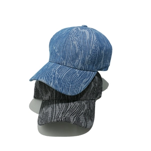 Striped denim baseball caps for women with unique textured finish in blue and grey