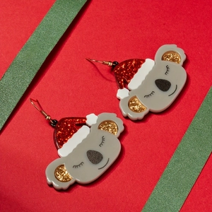 Cute koala earrings with red glitter Santa hats for Christmas festive fashion style