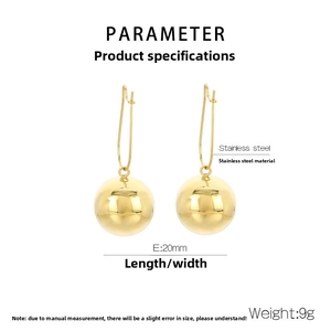 Detail view of 20mm golden stainless steel hollow ball drop earrings with 9g weight info
