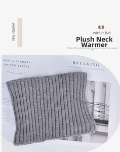 Detail of grey winter neck warmer with thick fleece lining and ribbed knit texture