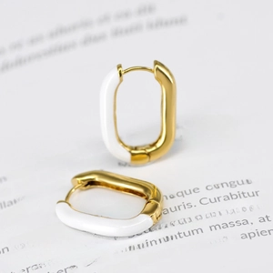 French style gold plated U-shaped earrings with white enamel and secure clicker closure