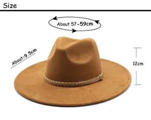 Size chart for British style suede fedora showing 57-59cm circumference and 9.5cm brim