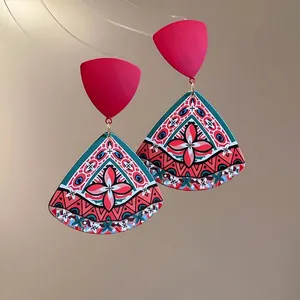 Ethnic style acrylic triangle fan drop earrings with colorful floral geometric patterns