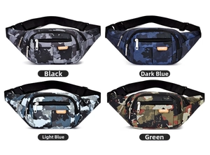 Four color variants of waterproof camouflage tactical fanny packs with SPORT logo
