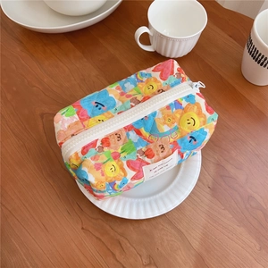 Detailed view of quilted cotton cosmetic bag with cute cartoon floral bear patterns