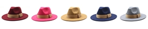 Row of wide-brim wool fedora hats in five colors with leather bands and gold pins
