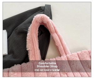 Detail of soft pink plush tote bag featuring comfortable wide shoulder straps