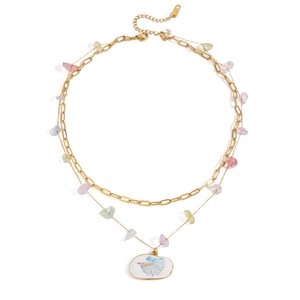 Double-layered gold titanium necklace with colorful natural stones and a fish pendant