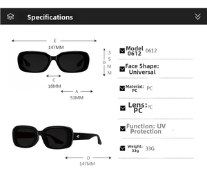 Detailed size dimensions chart for rectangular frame UV400 polarized sunglasses