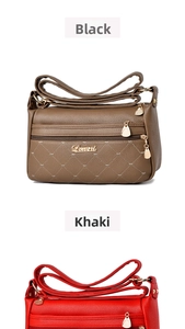 Detail view of khaki and red crossbody bags with quilted pattern and metal logo
