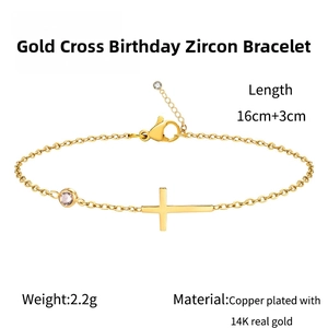 Detail of 14K gold-plated cross bracelet with birthstone and adjustable 16cm+3cm chain
