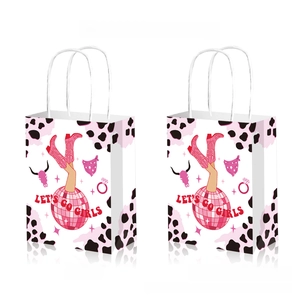 Front and back detail of pink cow print disco party gift bag with rope handles