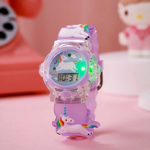Close-up of purple unicorn digital watch featuring a glowing green LED display