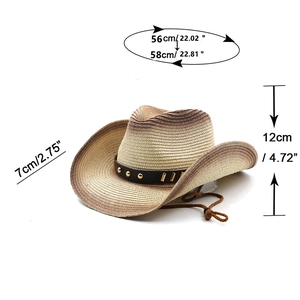 Detailed size chart for gradient straw cowboy hat showing brim width and head circumference