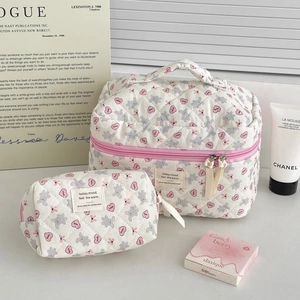 Detailed view of quilted makeup bag set with cute grey bear and pink heart pattern