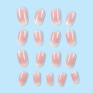 Short oval press-on nails featuring a glossy pink and white gradient finish on blue background