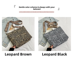 Detail of high-capacity leopard print tote bags in brown and black with woven straps