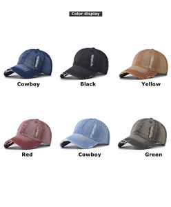 Distressed denim baseball caps shown in six colors with vintage frayed hole details