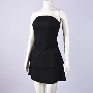 Detail of black strapless mini dress featuring tiered ruffle layers and textured fabric