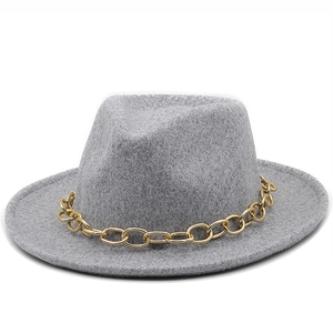 Women Wide Brim Fedora Hat Wool Felt Vintage Jazz Cap With Gold Metal Chain Elegant Retro British Style
