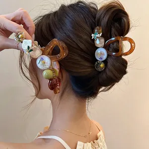 Pinces À Cheveux Florales Rétro Ambre Résine Fleurs Séchées Grande Pince À Cheveux Vintage Pour Femmes