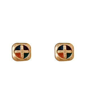 French vintage pearl flower square stud earrings with colorful enamel geometric pattern