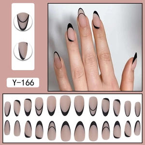 Matte black swirl line almond press-on nails with nude base color y-166 full kit