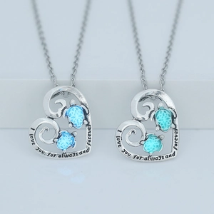 Luminous heart turtle pendant necklace in light blue and mint green with love engraving