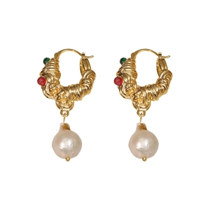 French vintage baroque pearl earrings with colorful gemstones and gold spiral rings