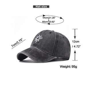 Detailed size chart for charcoal washed cotton baseball cap with sunflower embroidery