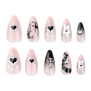 Gothic black gradient press-on nails with silver hearts and cross design for women