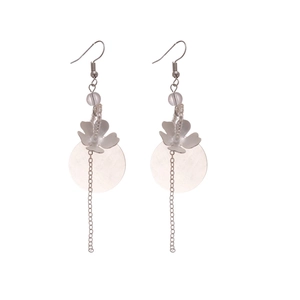 Elegant crystal flower drop earrings with geometric shells and silver chain tassels
