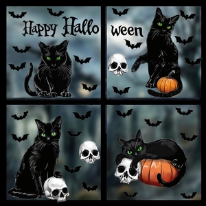 Halloween wall stickers featuring black cats, bats, and pumpkins for festive glass decoration
