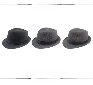 Classic men's wool fedora hats in black, grey and khaki with elegant silk decorative bands