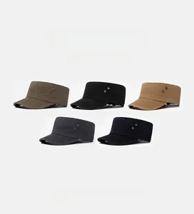 Detailed set of five cotton military flat top caps in olive, black, khaki, grey and navy