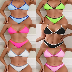 Women Bikini Halter Neck Triangle Top And Bottom Swimsuit Contrast Piping Crisscross Back Beachwear Swimwear