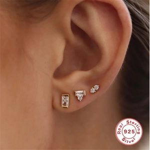 Three-piece set of gold S925 sterling silver earrings with clear cubic zirconia stones