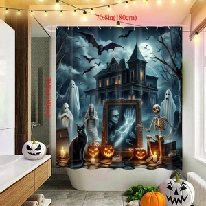 Halloween shower curtain featuring bats, ghosts, and pumpkins in a dark bathroom setting