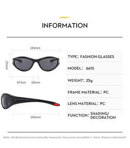 Detailed size chart for Y2K sporty sunglasses featuring dimensions and PC frame specifications
