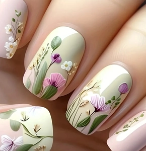Close-up of glossy press-on nails with delicate floral hand-painted art in pastel tones