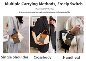 Detailed view showing three ways to carry the stylish color-block small square handbag