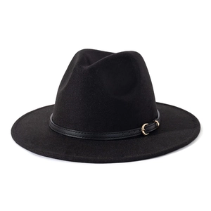 Detail of black wool fedora hat featuring a thin leather band and gold metal buckle