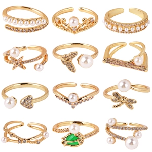 Women Fashion Adjustable Ring Brass Artificial Pearl Zircon Inlay Heart Butterfly Crown Design Elegant Jewelry Accessory