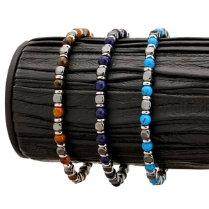 Natural Stone Beaded Bracelet For Men Tiger Eye Lapis Lazuli Turquoise Hematite Stainless Steel Adjustable Vintage