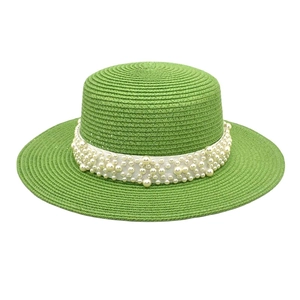 Chapeau Boater Femme Élégant Décor Künstliche Perles Chapeau Paille Toit Plat Protection Solaire Plage Bord Large Été Voyage Respirant Mode
