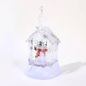 Lighted Christmas church crystal snow globe with cute snowman figurines for holiday desk decor