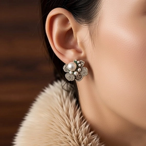 Close-up of vintage French style floral pearl earrings with rhinestones on model's ear