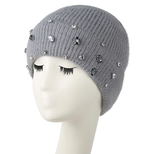 Women Knit Beanie Hat Acrylic Warm Winter Cap With Rhinestone And Faux Gemstone Decor Chic Ribbed Headwear